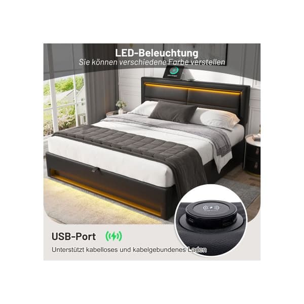 Köping säng 140 x 190 cm, med USB-port, utan madrass, design i PU-lychee, svart