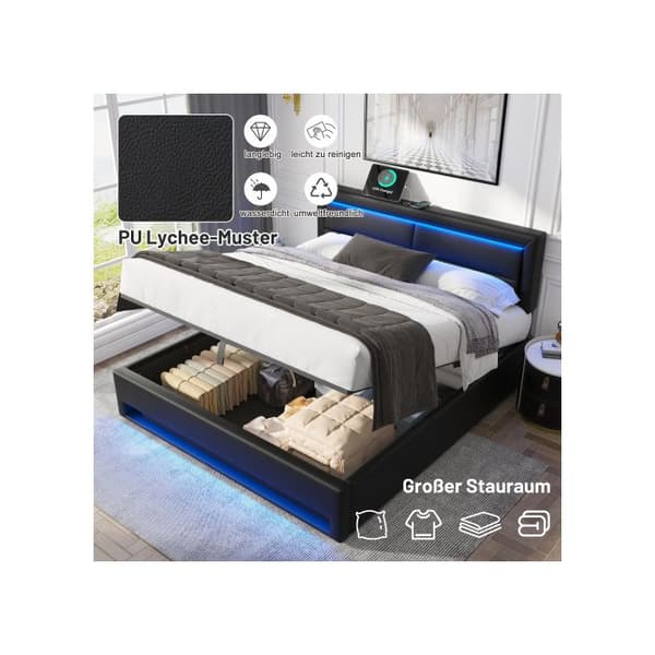 Köping säng 140 x 190 cm, med USB-port, utan madrass, design i PU-lychee, svart
