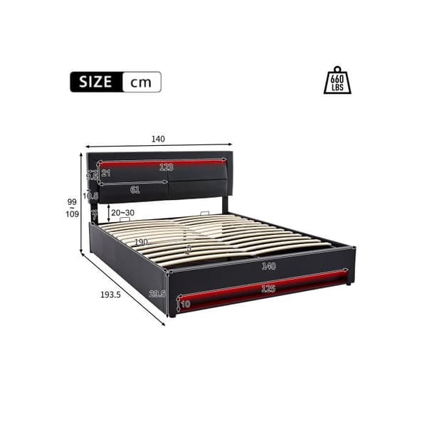 Köping säng 140 x 190 cm, med USB-port, utan madrass, design i PU-lychee, svart