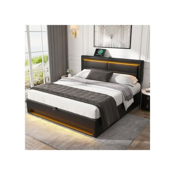 Köping säng 140 x 190 cm, med USB-port, utan madrass, design i PU-lychee, svart