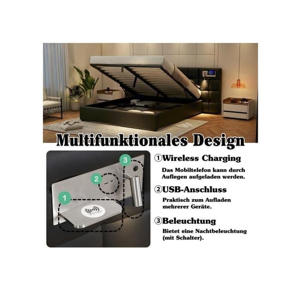 Säng med stoppning 180 x 200 cm, hydraulisk säng, med USB-port, trådlös laddare och ljus, svart
