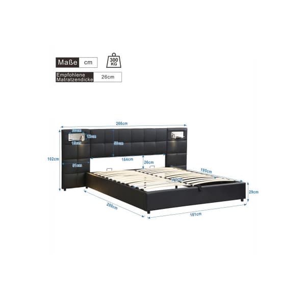 Säng med stoppning 180 x 200 cm, hydraulisk säng, med USB-port, trådlös laddare och ljus, svart