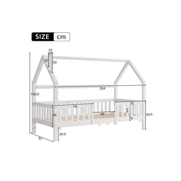 Barnsäng Inomhussäng med spis, solid ribbotten, 90 x 200 cm, utan madrass, vit