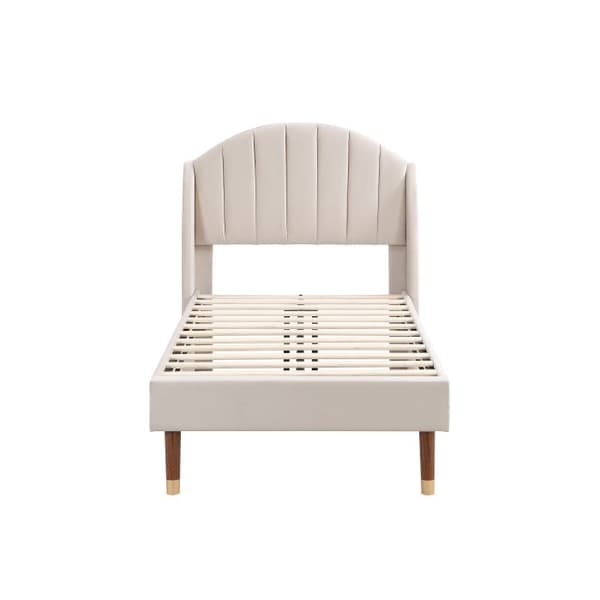 Säng 90*200, med sängbotten och huvudgavel, trälameller, sammet, färg beige