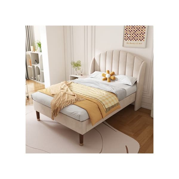 Säng 90*200, med sängbotten och huvudgavel, trälameller, sammet, färg beige