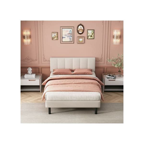 Säng med stoppad ram, ben i metall, ribbotten, enkel design, 140*190, madrass ej inkluderad, sherpa-tyg, beige