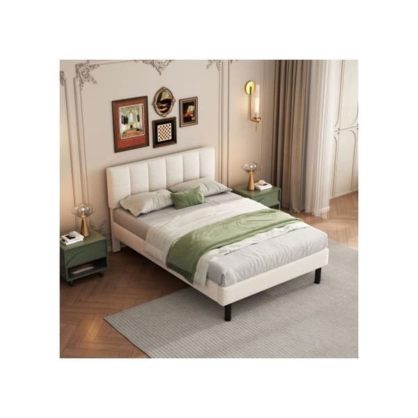 Säng med stoppad ram, ben i metall, ribbotten, enkel design, 140*190, madrass ej inkluderad, sherpa-tyg, beige