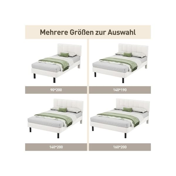 Säng med stoppad ram, ben i metall, ribbotten, enkel design, 140*190, madrass ej inkluderad, sherpa-tyg, beige