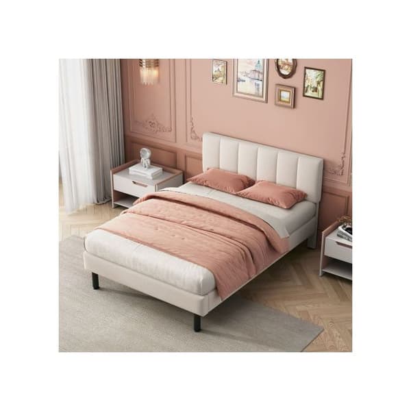 Säng med stoppad ram, ben i metall, ribbotten, enkel design, 140*190, madrass ej inkluderad, sherpa-tyg, beige