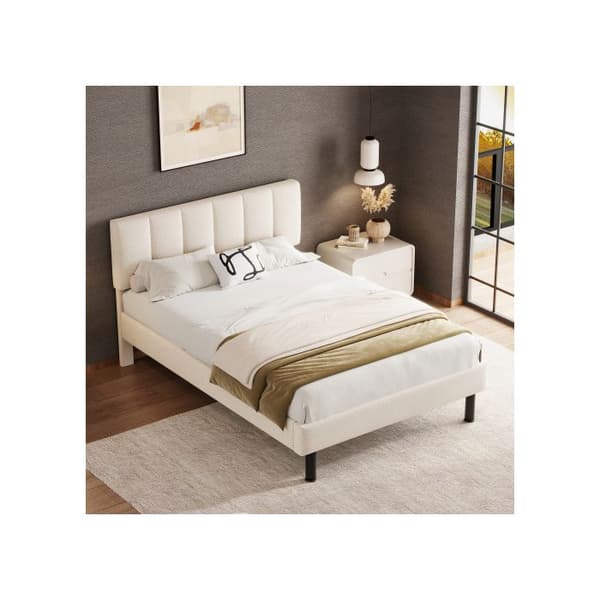 Säng med stoppad ram, ben i metall, ribbotten, enkel design, 140*190, madrass ej inkluderad, sherpa-tyg, beige
