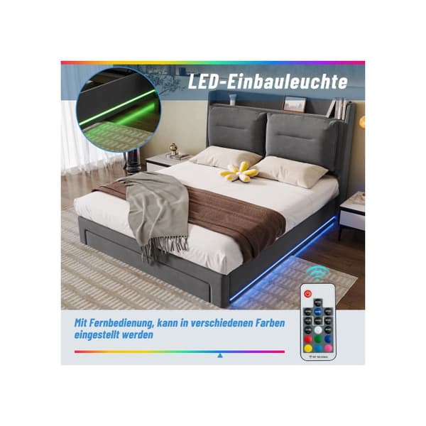 LED-belyst säng klädd, 160*200, hydraulisk säng, utan madrass, sammet, mörkgrå