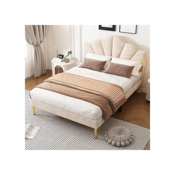 Velour, vadderad säng, 140*200 cm, träribbsängbotten, beige