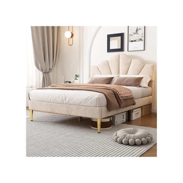 Velour, vadderad säng, 140*200 cm, träribbsängbotten, beige