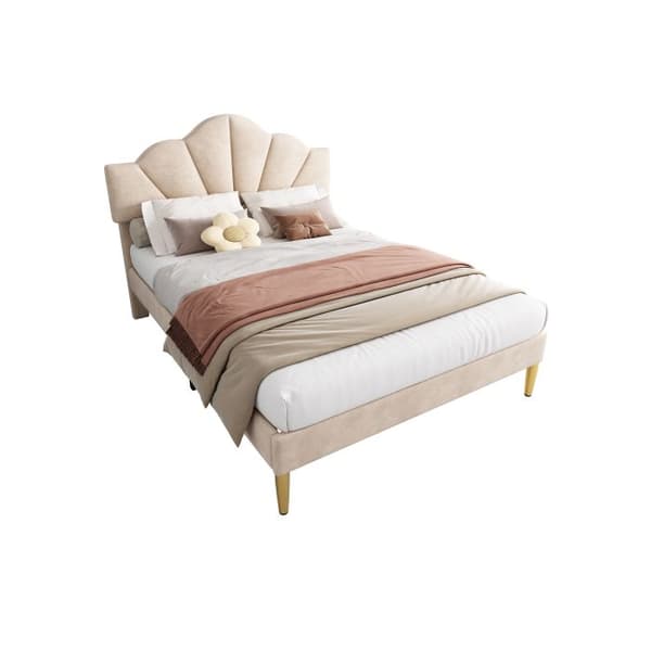 Velour, vadderad säng, 140*200 cm, träribbsängbotten, beige