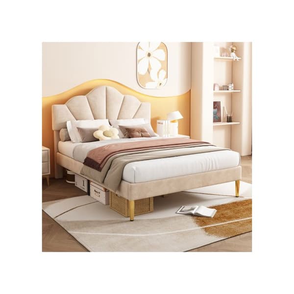 Velour, vadderad säng, 140*200 cm, träribbsängbotten, beige