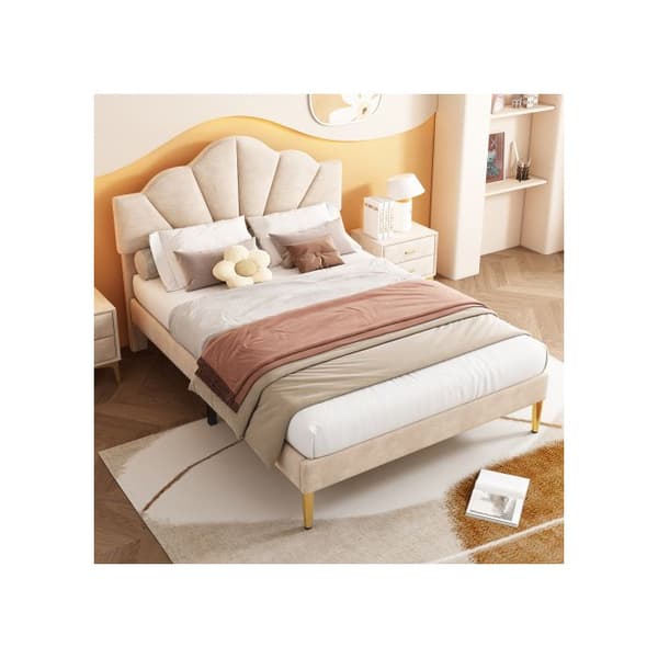 Velour, vadderad säng, 140*200 cm, träribbsängbotten, beige