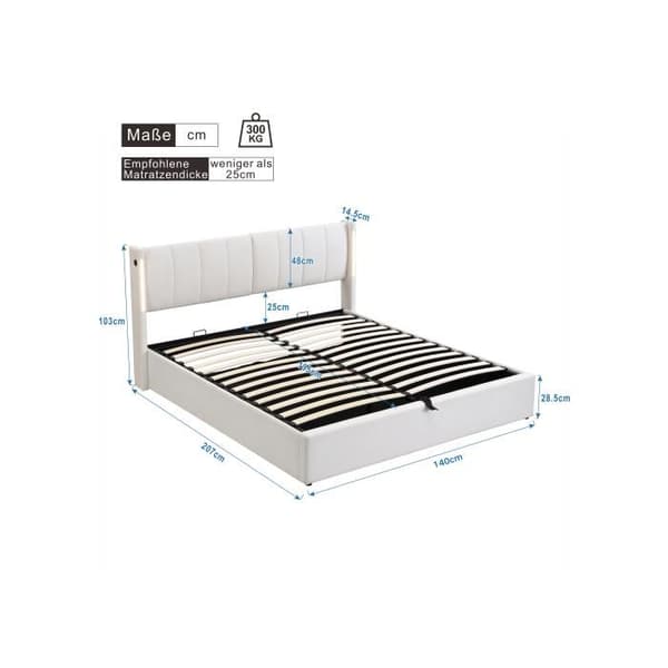 Liträdd Binaural LED, 140 x 200 cm, justerbar sänggavel, PU-hjul, vit