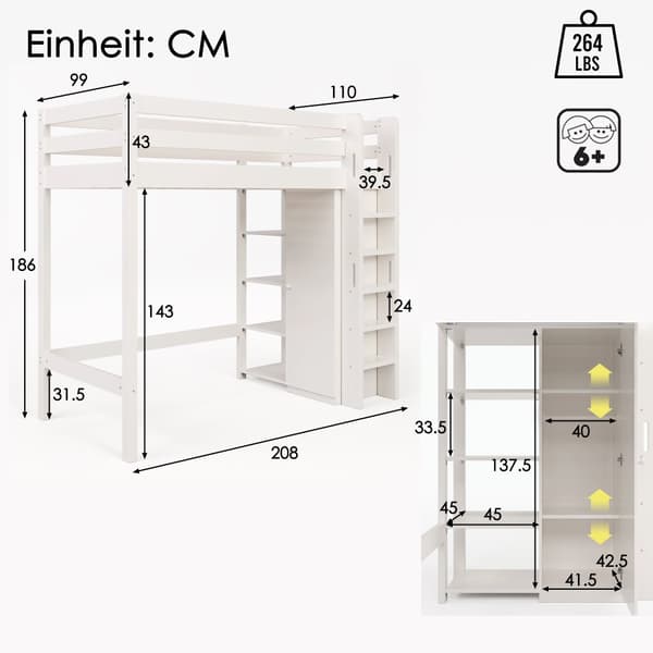 Mezzanine-säng 90x200cm i massiv furu - med garderob och hyllor - Vit