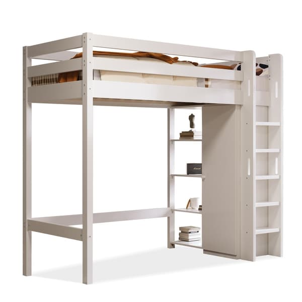 Mezzanine-säng 90x200cm i massiv furu - med garderob och hyllor - Vit