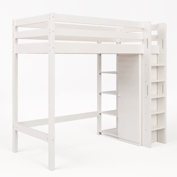 Mezzanine-säng 90x200cm i massiv furu - med garderob och hyllor - Vit