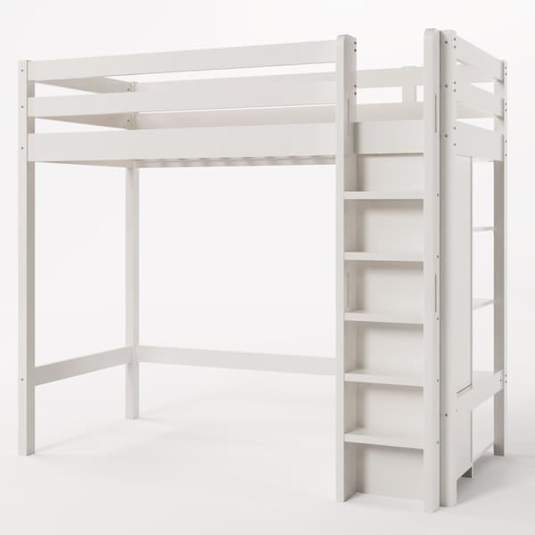 Mezzanine-säng 90x200cm i massiv furu - med garderob och hyllor - Vit