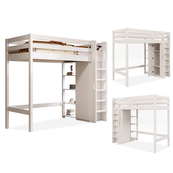 Mezzanine-säng 90x200cm i massiv furu - med garderob och hyllor - Vit