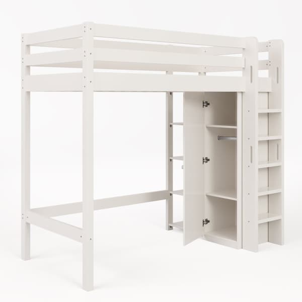 Mezzanine-säng 90x200cm i massiv furu - med garderob och hyllor - Vit