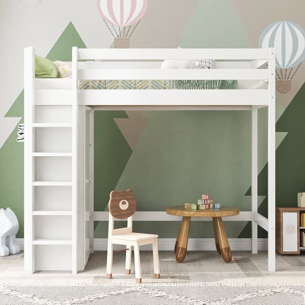 Mezzanine-säng 90x200cm i massiv furu - med garderob och hyllor - Vit