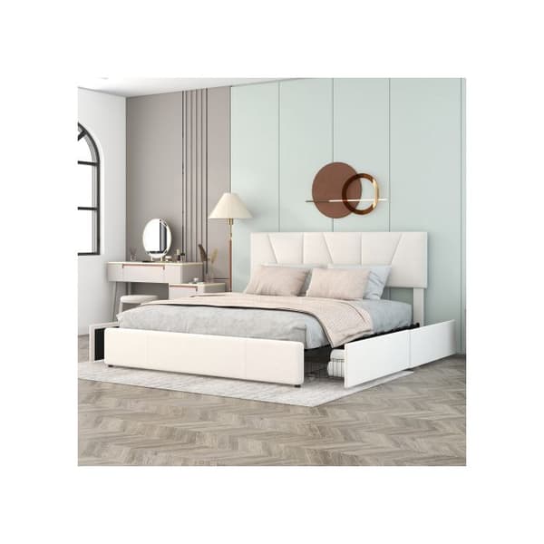 Dubbel säng, stoppad, fyra lådor på båda sidor, justerbar huvudgavel, beige (160*200cm)