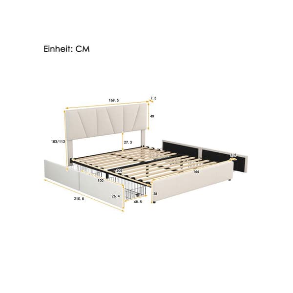 Dubbel säng, stoppad, fyra lådor på båda sidor, justerbar huvudgavel, beige (160*200cm)