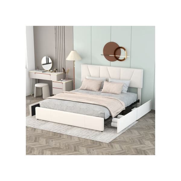 Dubbel säng, stoppad, fyra lådor på båda sidor, justerbar huvudgavel, beige (160*200cm)