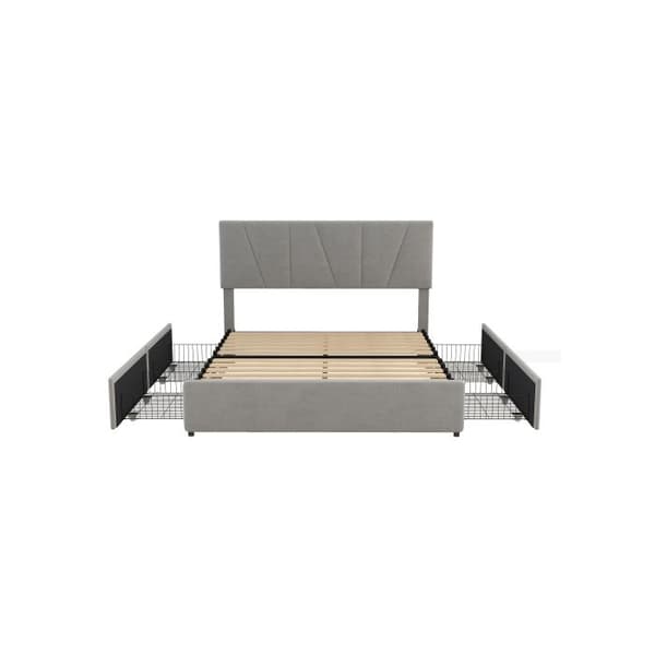 Dubbelsäng, stoppad, fyra lådor på båda sidor, justerbar sänggavel, grå (160*200 cm)