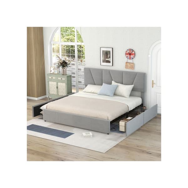 Dubbelsäng, stoppad, fyra lådor på båda sidor, justerbar sänggavel, grå (160*200 cm)