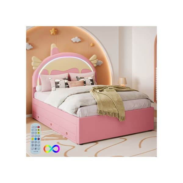 Barnsäng 140*200 cm, unicornform, LED-belysning med fjärrkontroll, rosa