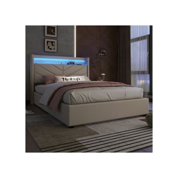 Säng med stoppning, 140 x 190 cm, utan madrass, med USB och hi-fi, linne, beige