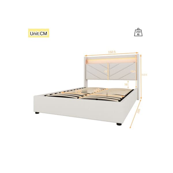 Säng med stoppning, 140 x 190 cm, utan madrass, med USB och hi-fi, linne, beige