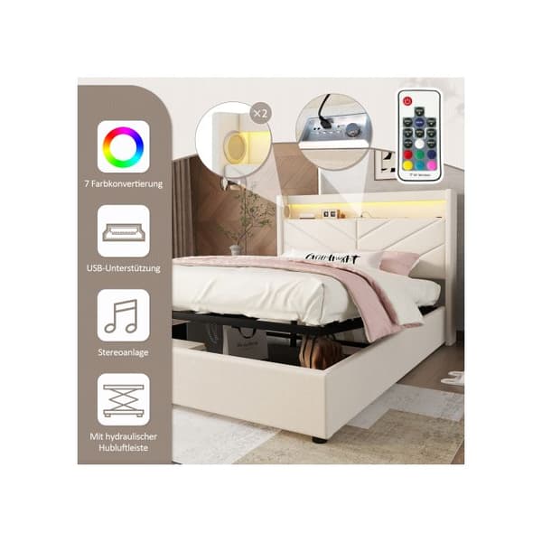 Säng med stoppning, 140 x 190 cm, utan madrass, med USB och hi-fi, linne, beige