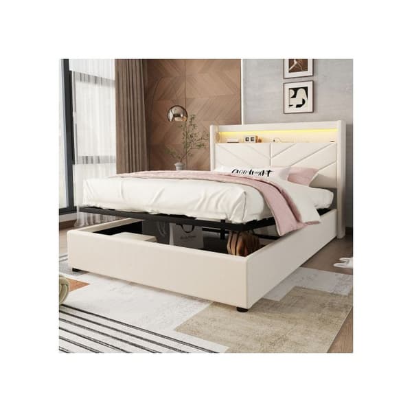 Säng med stoppning, 140 x 190 cm, utan madrass, med USB och hi-fi, linne, beige