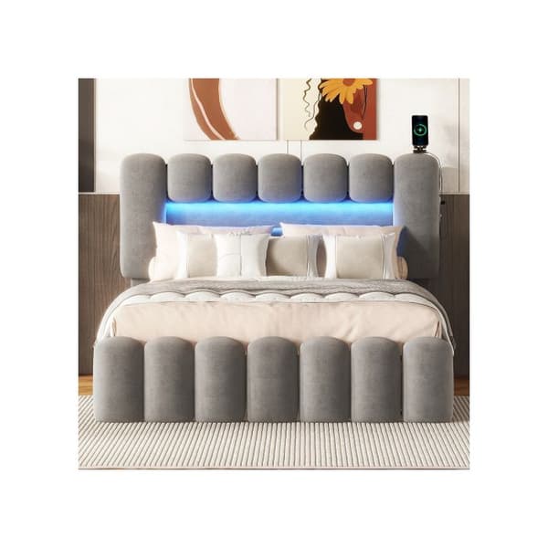 140 x 200 Säng med stoppning, stoppad säng med 4 lådor, stoppad säng med USB och stereo LED-band, grå