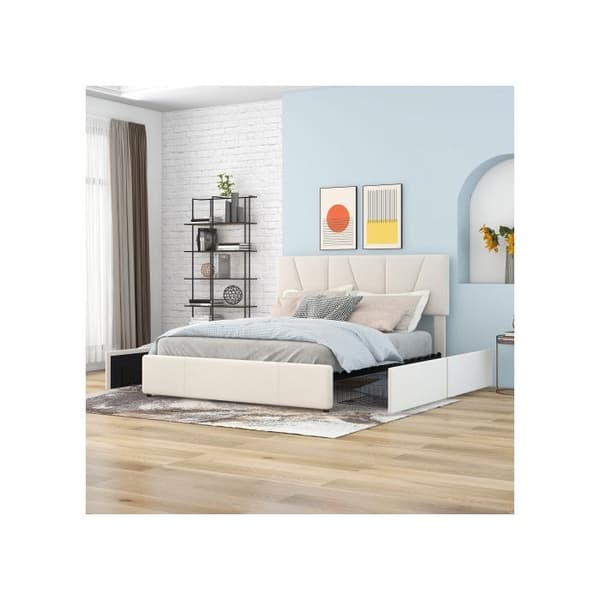 Uppfyllt dubbelt sängstativ med fyra lådor på två sidor, Justerbar sänggavel, Beige (140*200cm)
