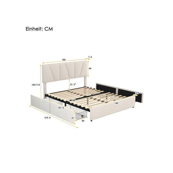 Uppfyllt dubbelt sängstativ med fyra lådor på två sidor, Justerbar sänggavel, Beige (140*200cm)