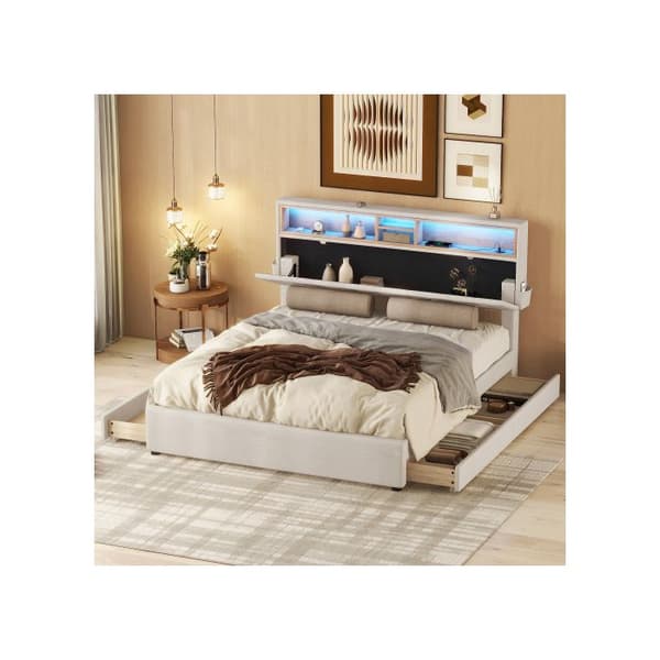 Dubbel säng, säng med USB-laddare och LED-belysning, funktionell säng med fyra lådor, beige, 140 x 200 cm