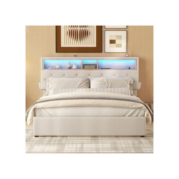 Dubbel säng, säng med USB-laddare och LED-belysning, funktionell säng med fyra lådor, beige, 140 x 200 cm