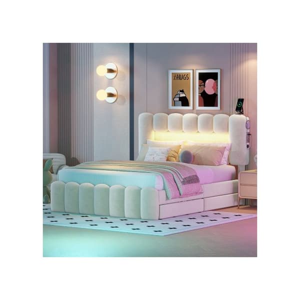 140 x 200 Bädd med stoppning, Bädd med stoppning och 4 lådor, Bädd med stoppning med USB och stereoljusremsa, Beige