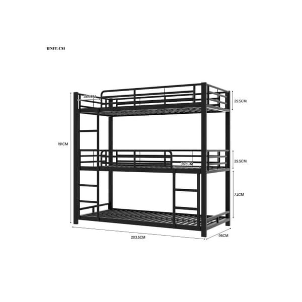 90x200cm Sängram Metallbädd, Våningssäng, Järnsäng, Trestjärnig våningssäng för barn, tonåringar och vuxna, svart