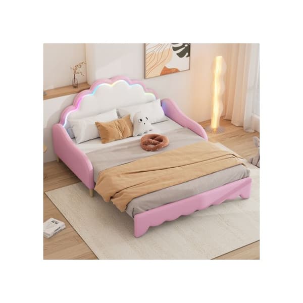 Sängsoffa 140*200 cm, sänggavel med stämningsbelysning, med madrass och fjärrkontroll, rosa