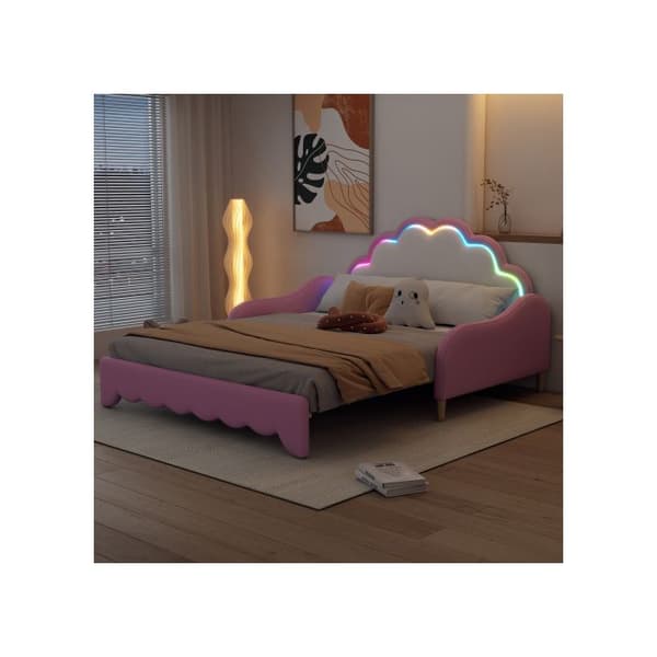 Sängsoffa 140*200 cm, sänggavel med stämningsbelysning, med madrass och fjärrkontroll, rosa