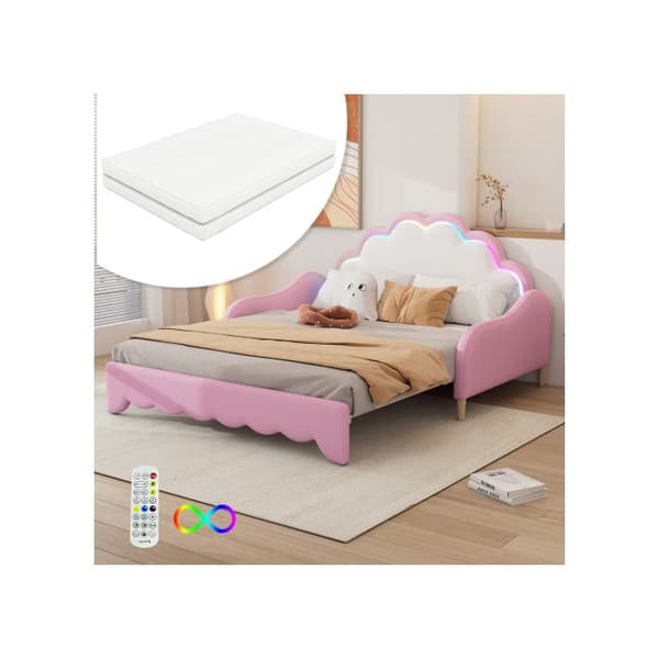 Sängsoffa 140*200 cm, sänggavel med stämningsbelysning, med madrass och fjärrkontroll, rosa