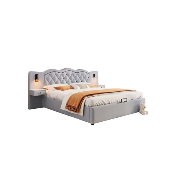 Säng med stoppning, 160*200cm, Madrass ingår inte, USB-port, Två sänglampor, Extra förvaringsutrymme, Grå