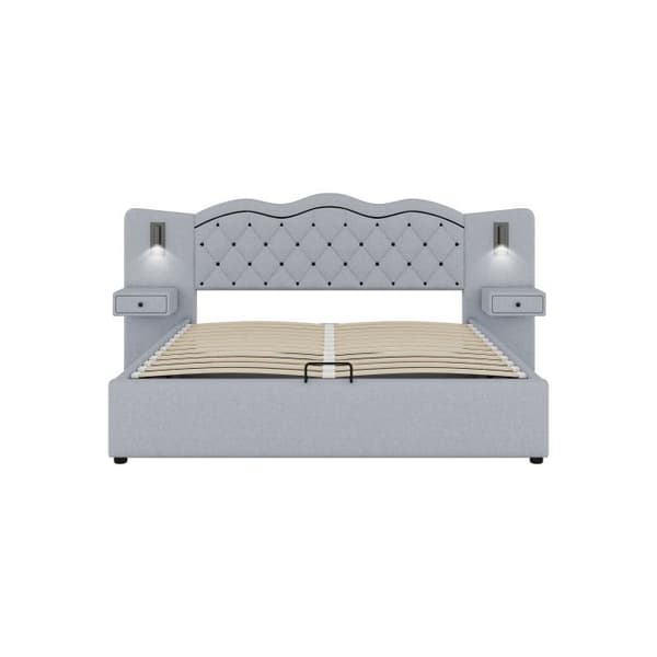 Säng med stoppning, 160*200cm, Madrass ingår inte, USB-port, Två sänglampor, Extra förvaringsutrymme, Grå
